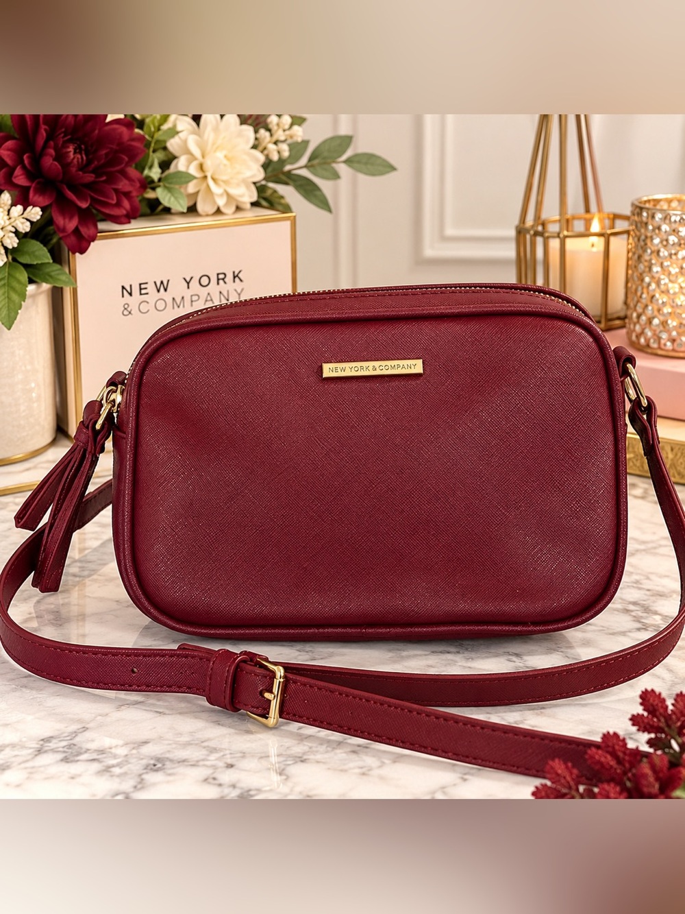 New York & Company Burgundy Saffiano Dual-Zip Crossbody Bag